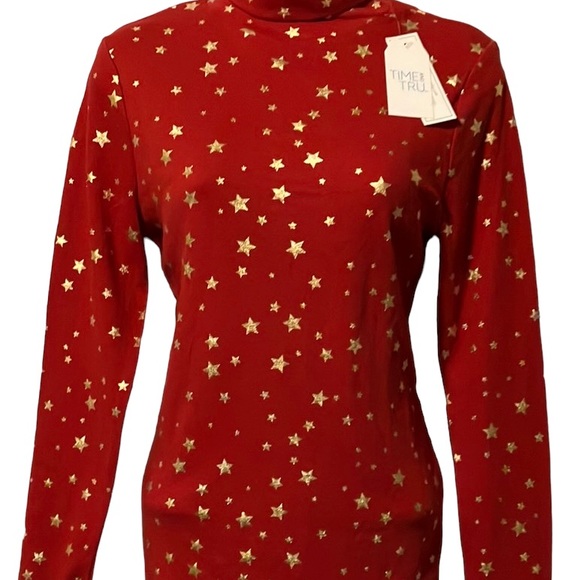 NWT Time and Tru red long sleeve turtleneck with gold foil stars - Picture 4 of 6